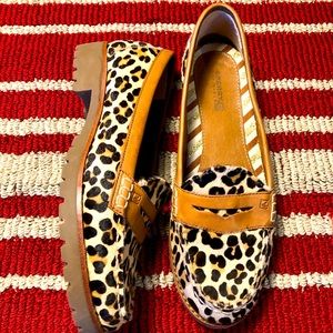 Sperry calf hair leopard print loafer.
